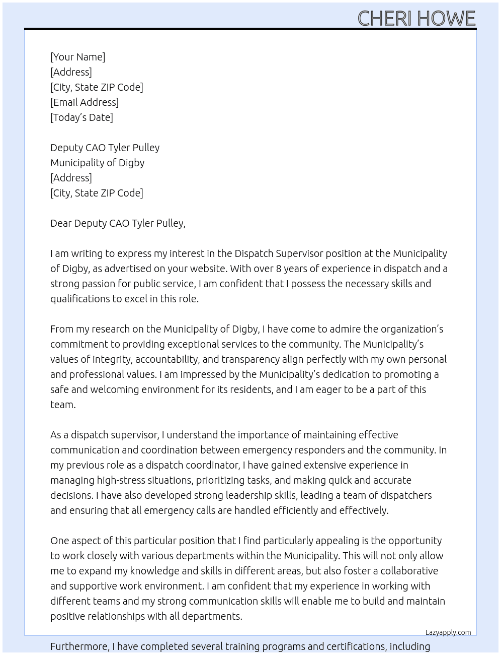 Dispatch Supervisor  At Municipality of Digby Cover Letter