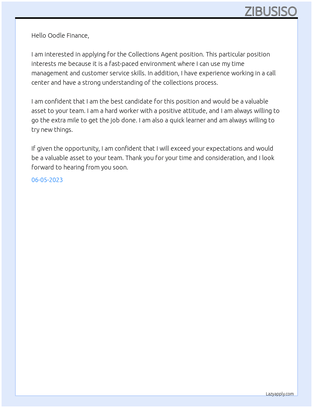 Collections Agent At Oodle Finance Cover Letter