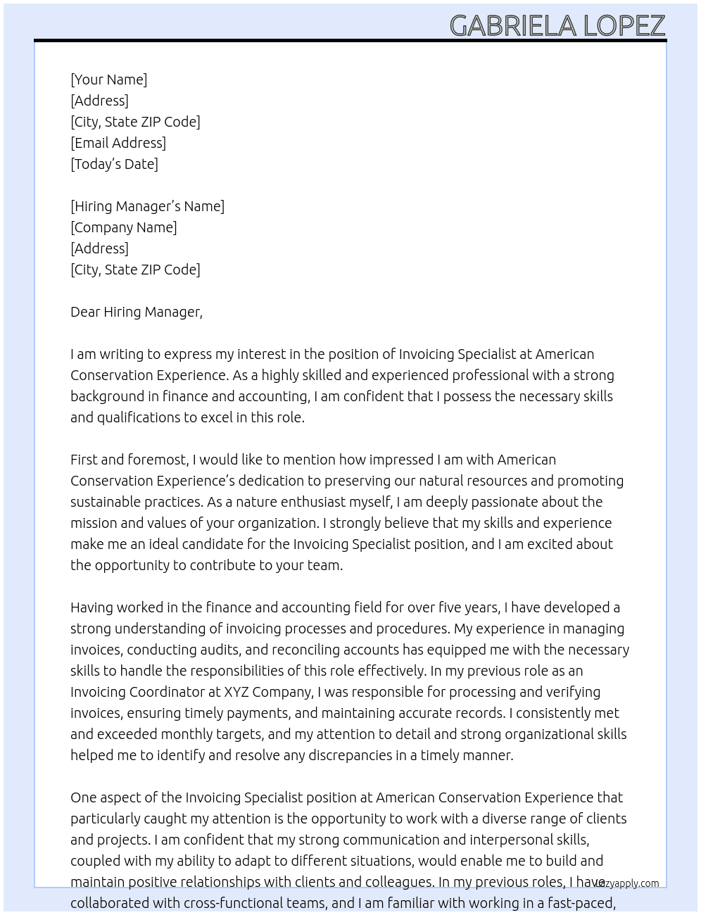 Invoicing Specialist At American Conservation Experience Cover Letter