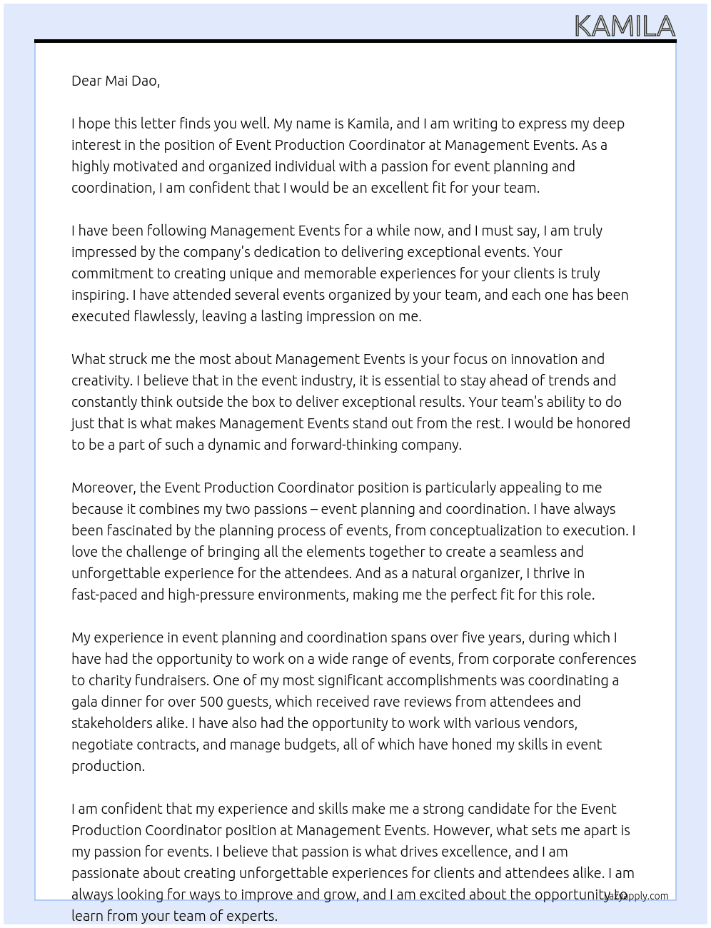 Event Production Coordinator At Management Events  Cover Letter