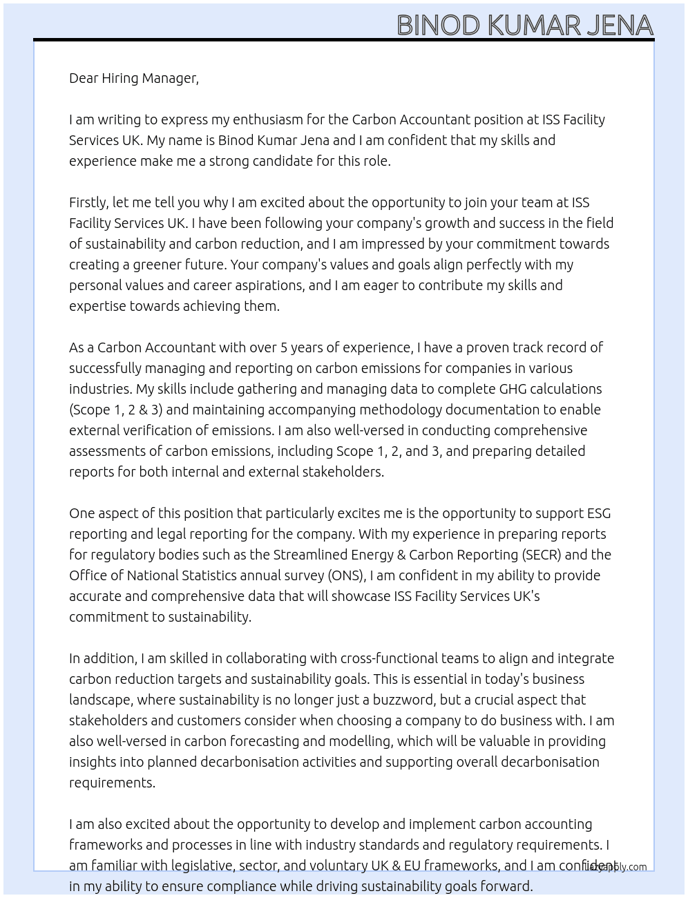 Carbon accountant At ISS Facility Services UK Cover Letter