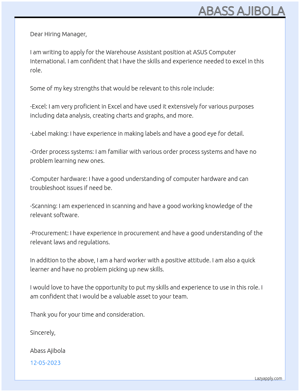 Warehouse Assistant At ASUS Computer International Cover Letter