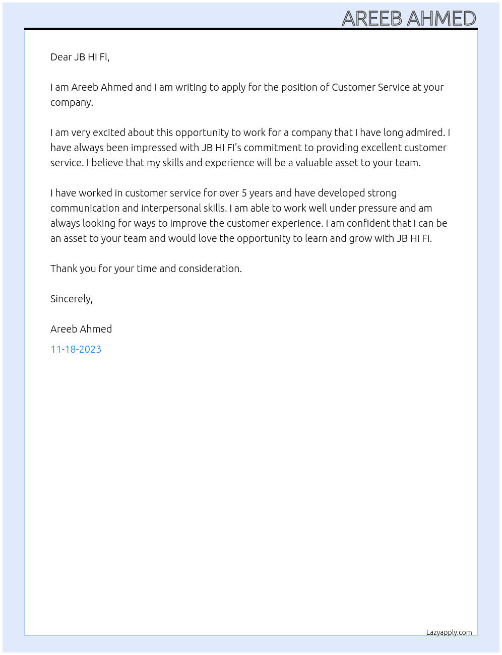Customer Service At JB HI FI Cover Letter