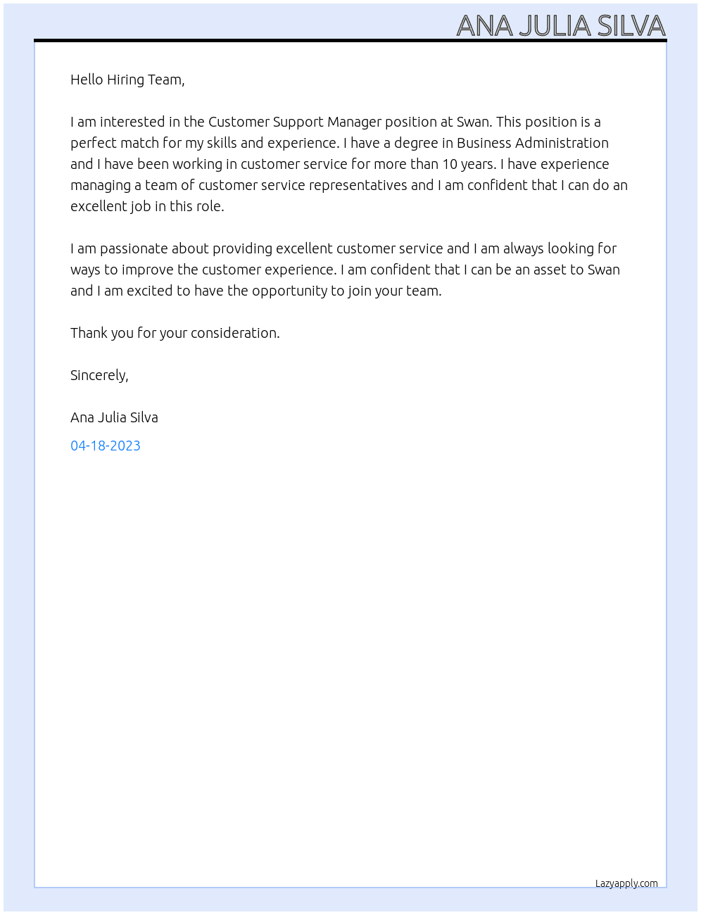 Customer Support Manager At Swan Cover Letter