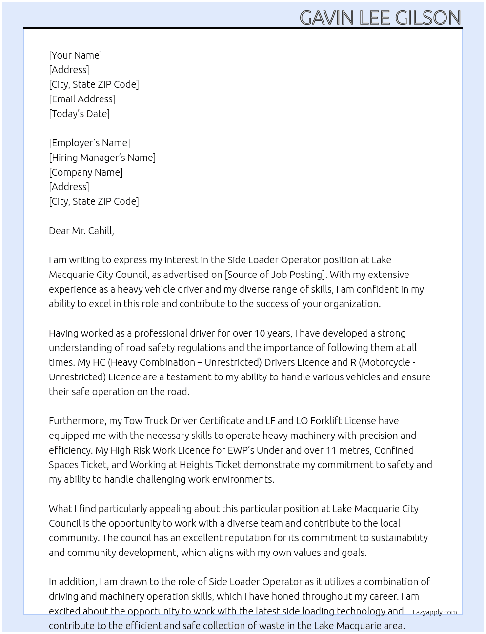 Side Loader Operator At Lake Macquarie City Council Cover Letter