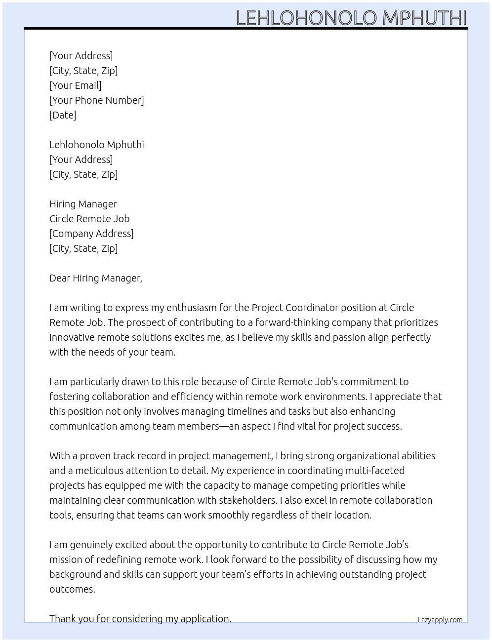 Project Coordinator  At Circle Remote job Cover Letter