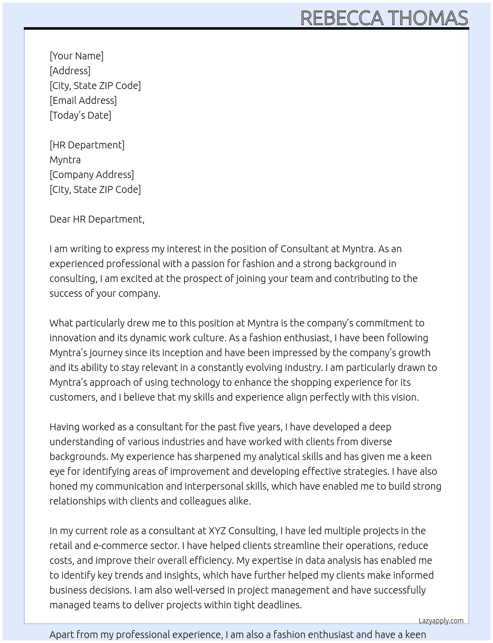 Consultant At Myntra Cover Letter