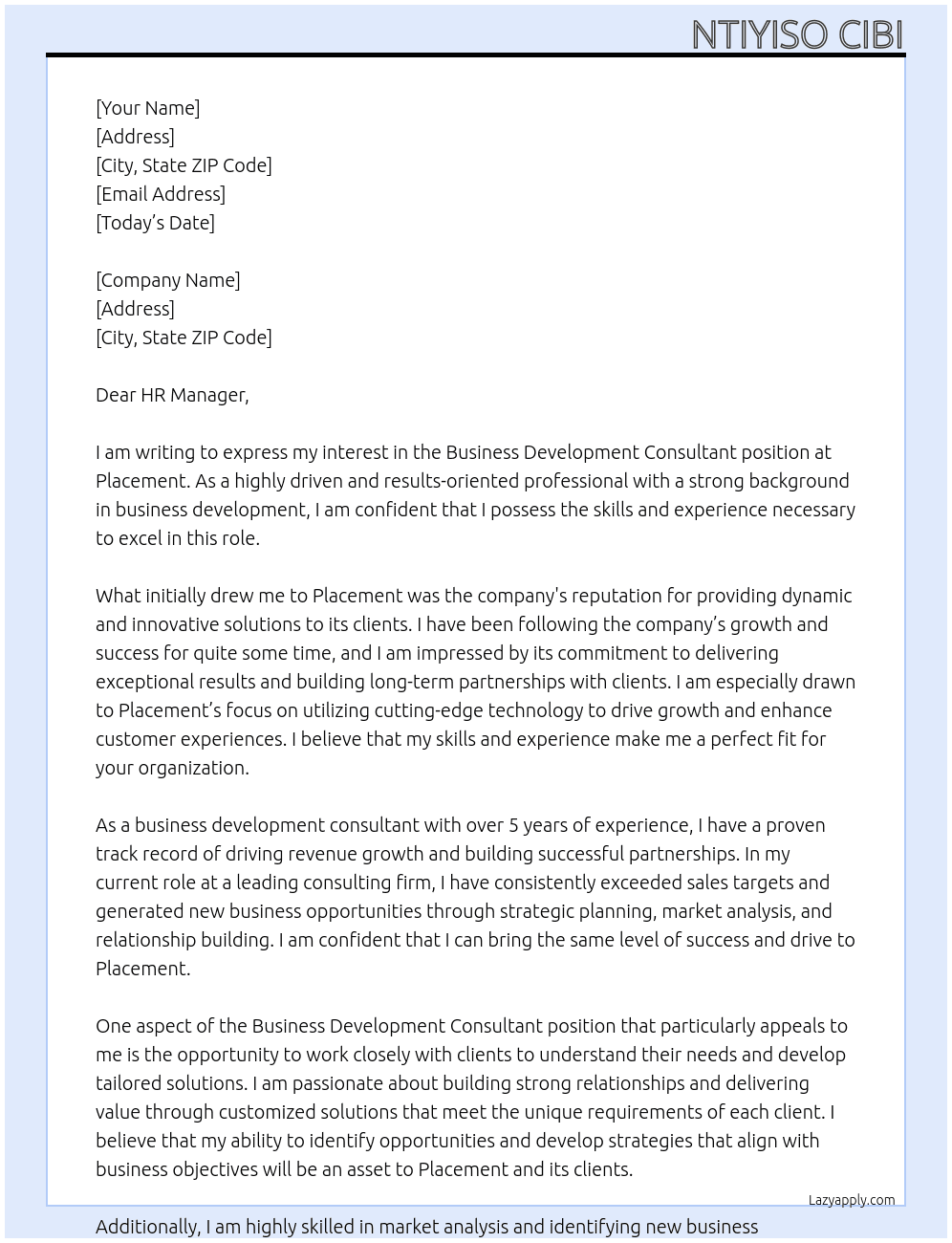 Business development consultant At placement Cover Letter