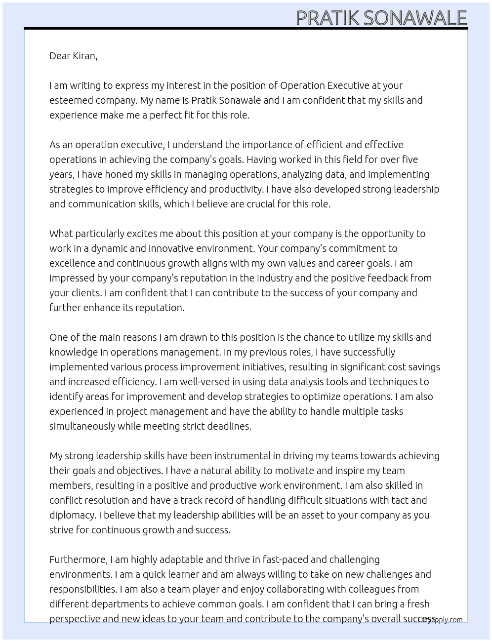 Operation executive At Kiran Cover Letter