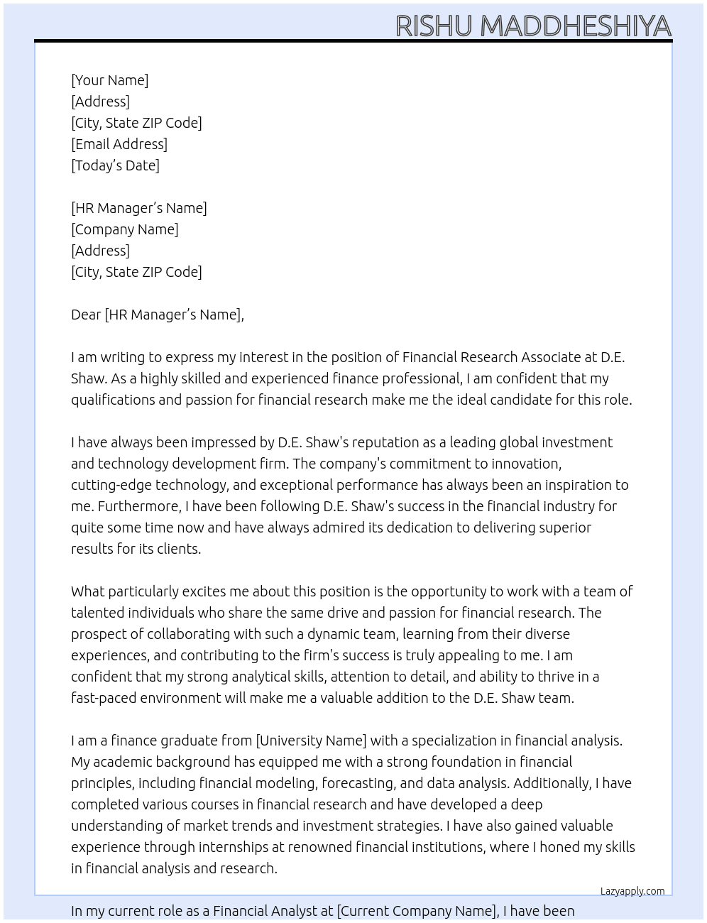 Financial research associate At D.E. Shaw Cover Letter