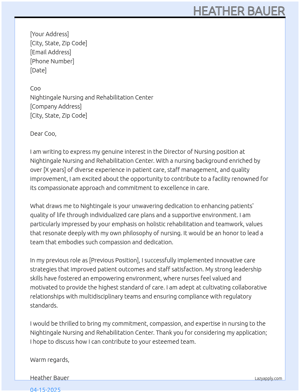Director of nursing At Nightingale Nursing and Rehabilitation Center Cover Letter