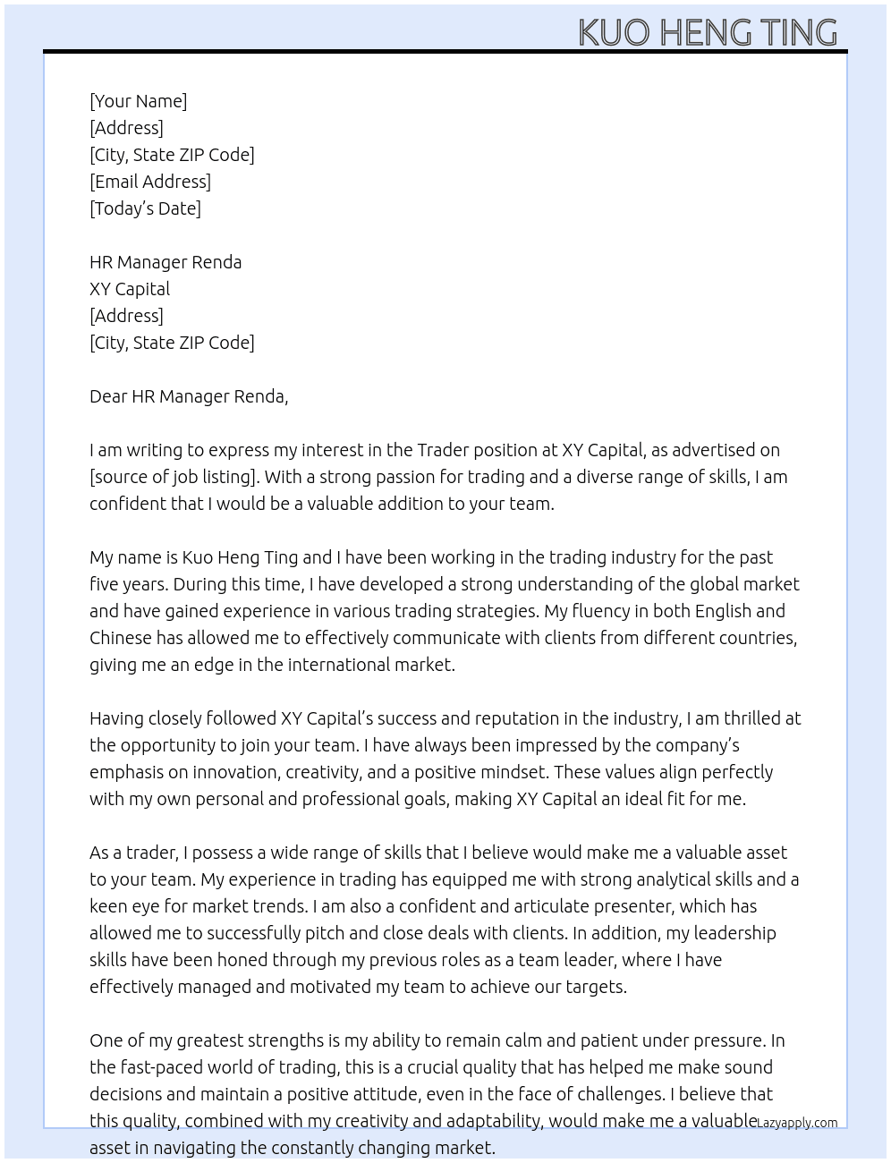 trader At XY CAPTIAL Cover Letter