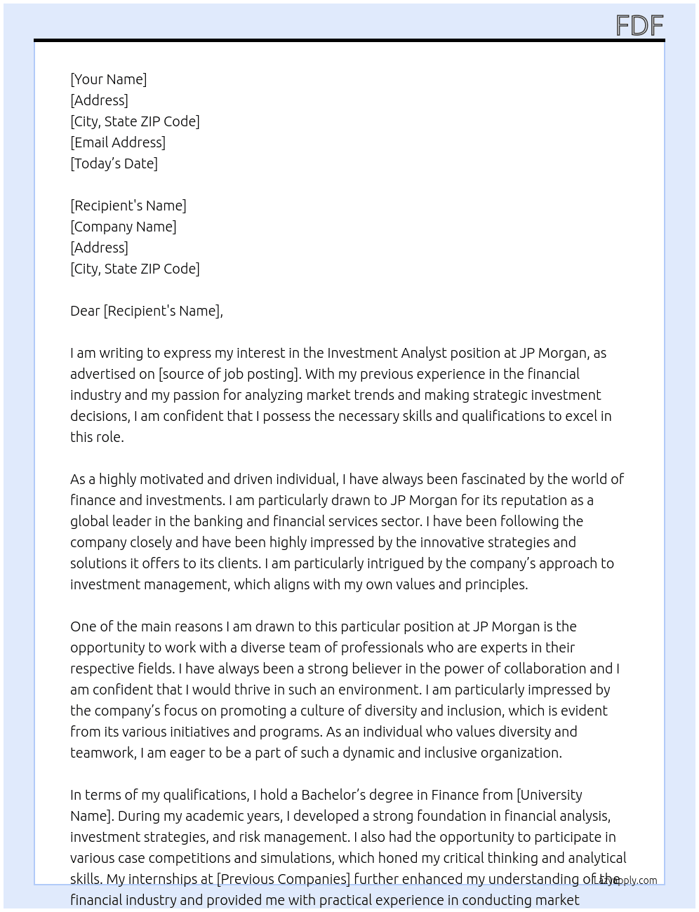 investment analyst At jp morgan Cover Letter