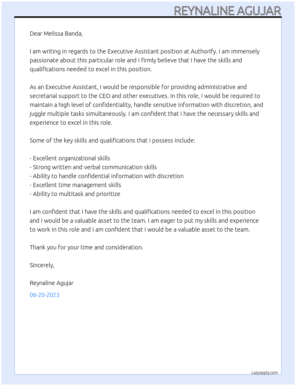 Executive Assistant  At Authorify Cover Letter