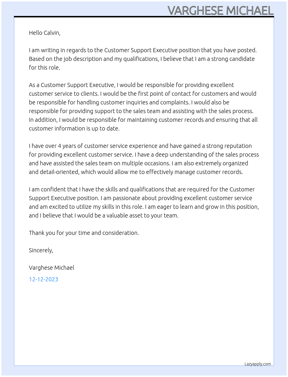 Customer Support Executive  At Customer Support Executive  Cover Letter