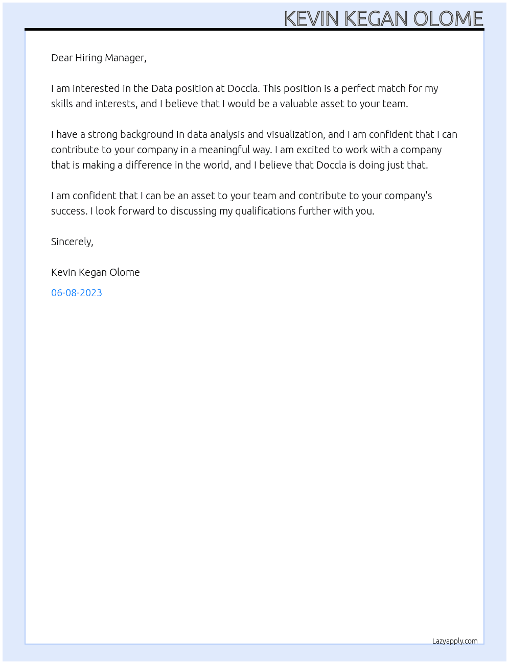 Data At Doccla Cover Letter