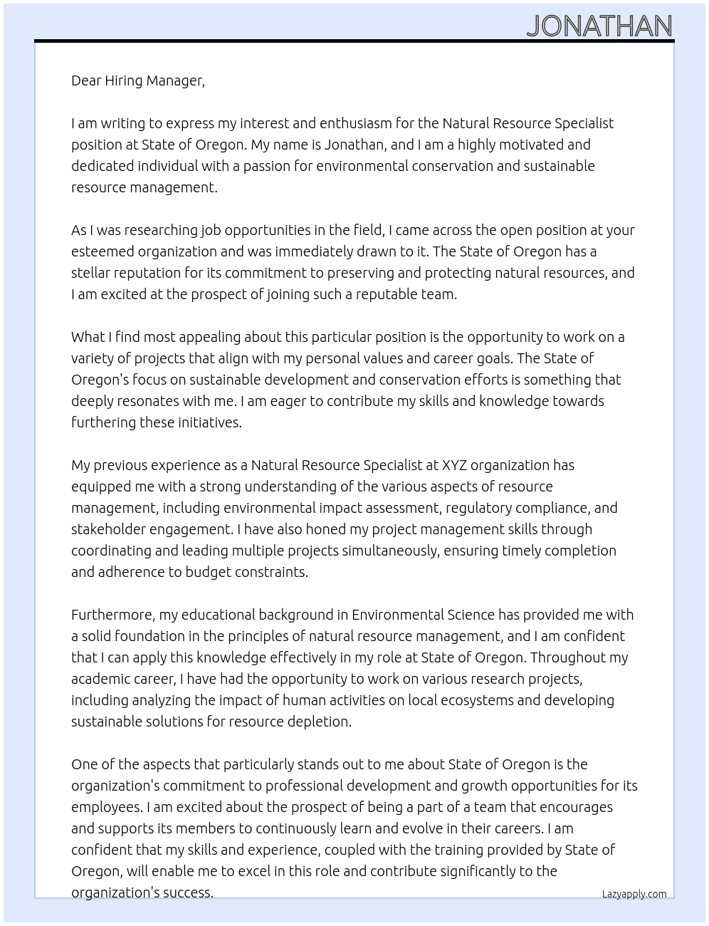Natural Resource Specialist At State of Oregon Cover Letter
