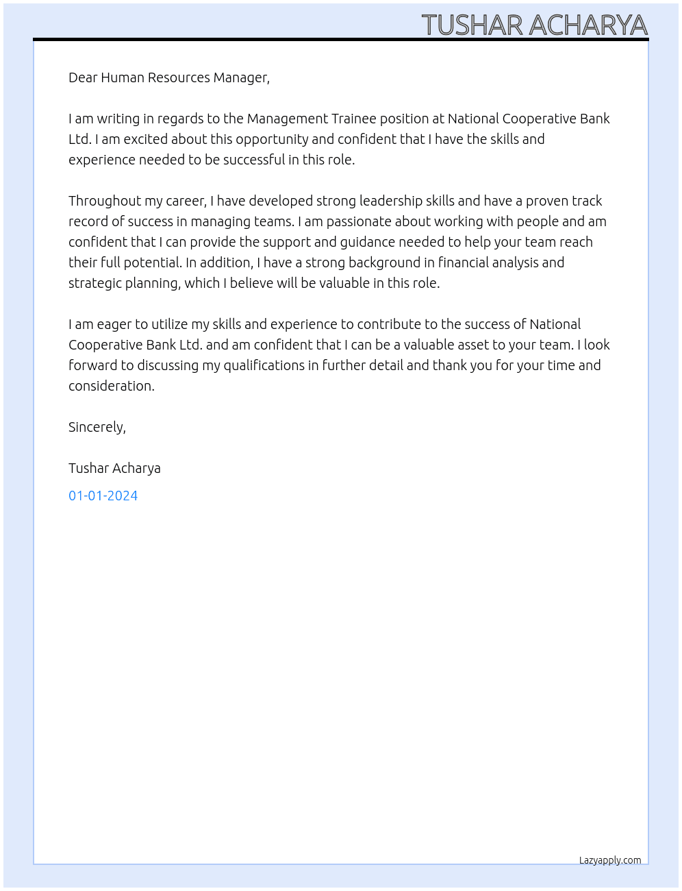 Management Tranee At National Cooperative Bank Ltd. Cover Letter