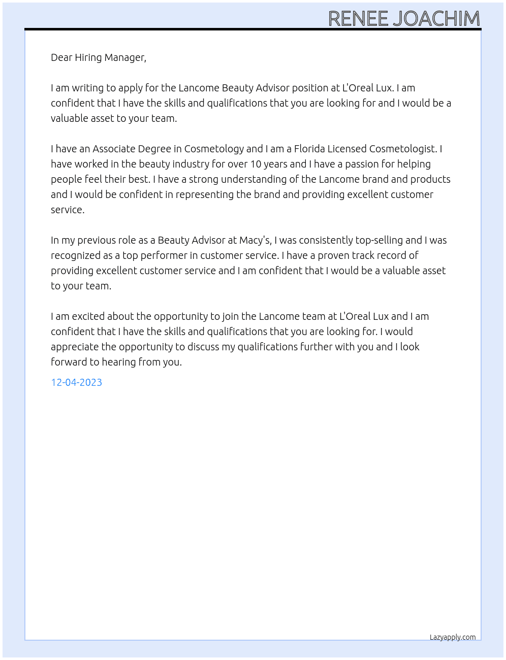 Lancome Beauty Advisor  At L'Oreal Lux Cover Letter