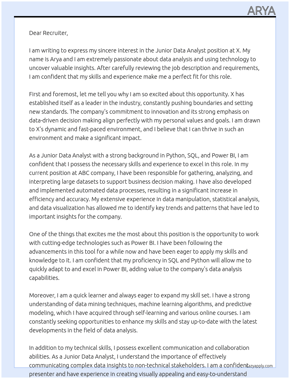 Junior data analyst At x Cover Letter