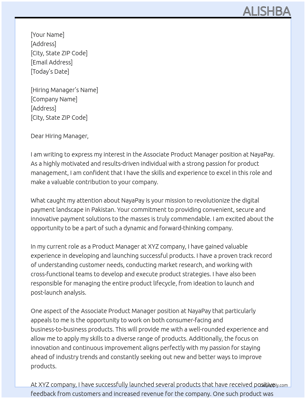 Associate Product Manager At NayaPay Cover Letter