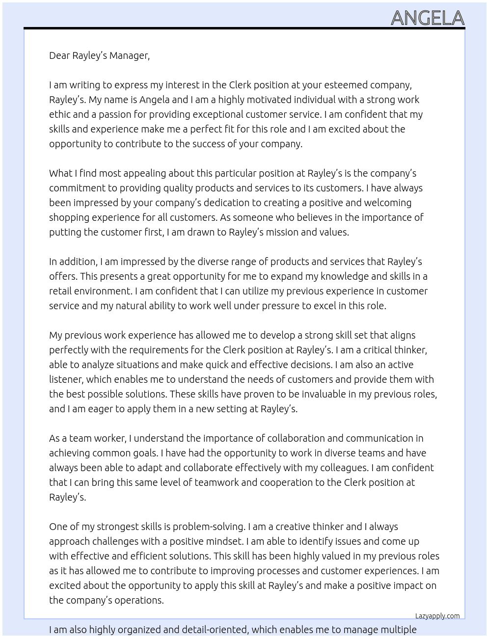 Clerk At Rayley’s Cover Letter