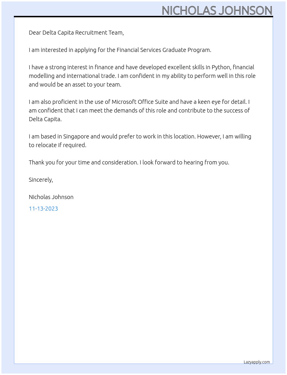 Financial Services Graduate Program At Delta Capita Cover Letter