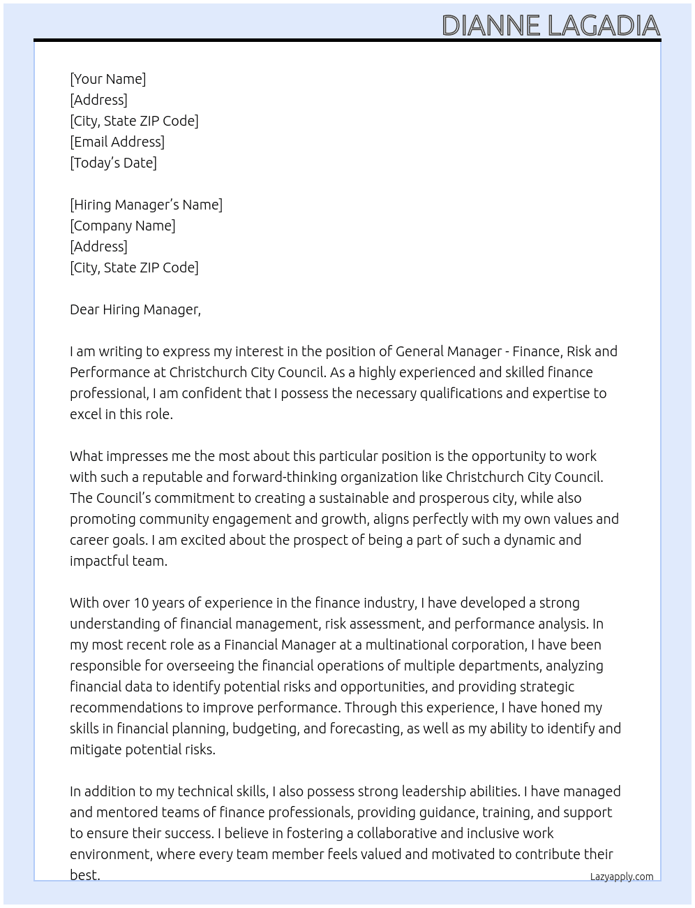 General Manager - Finance, Risk and Performance At Christchurch city council Cover Letter