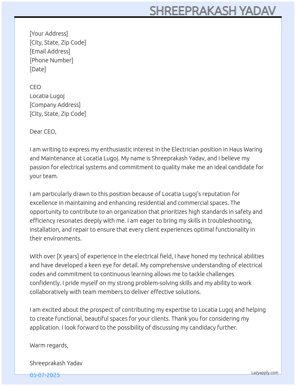 Electrician  Haus waring and maintenance  At Locatia lugoj Cover Letter