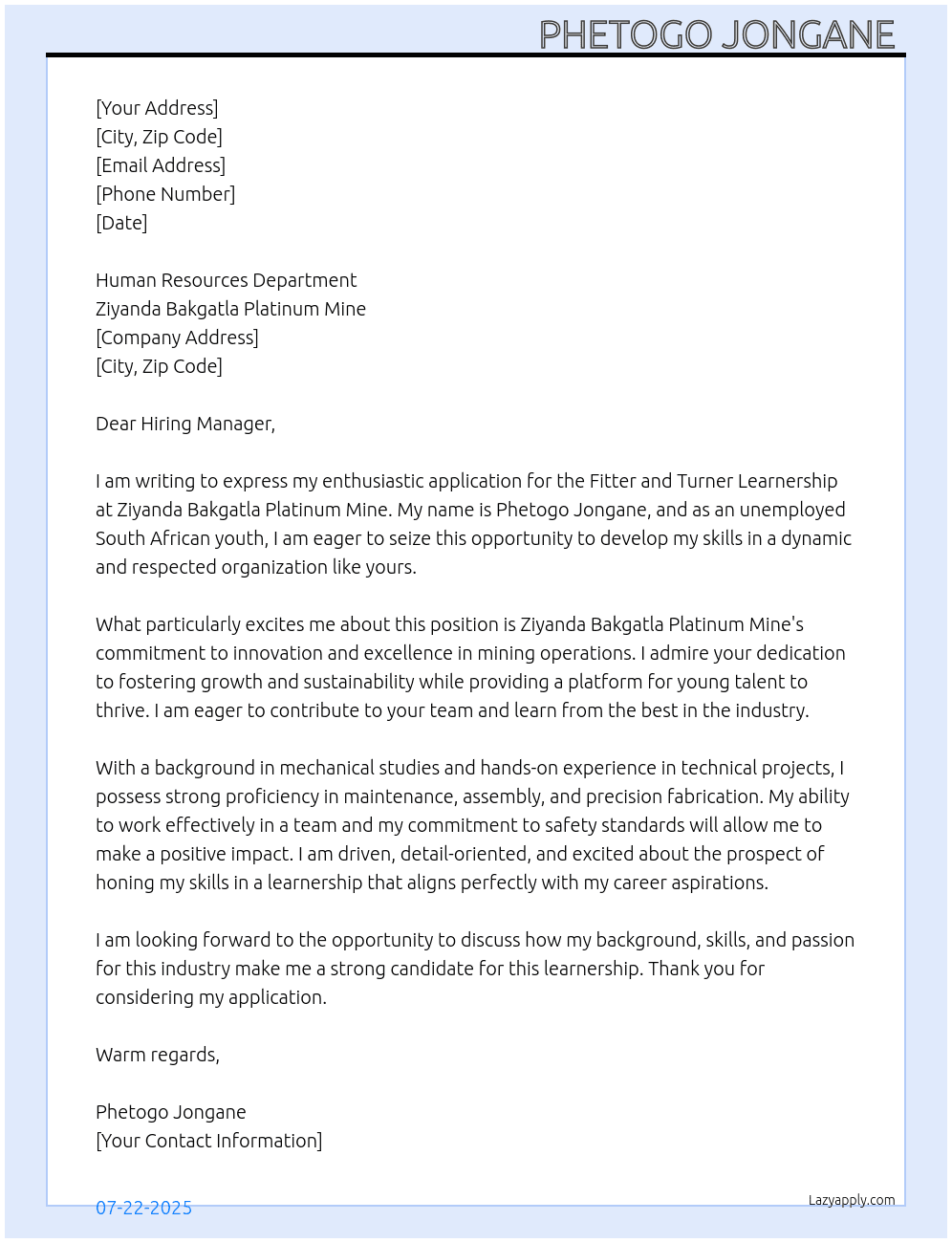 Cover letter for fitter and turner learnership - LazyApply