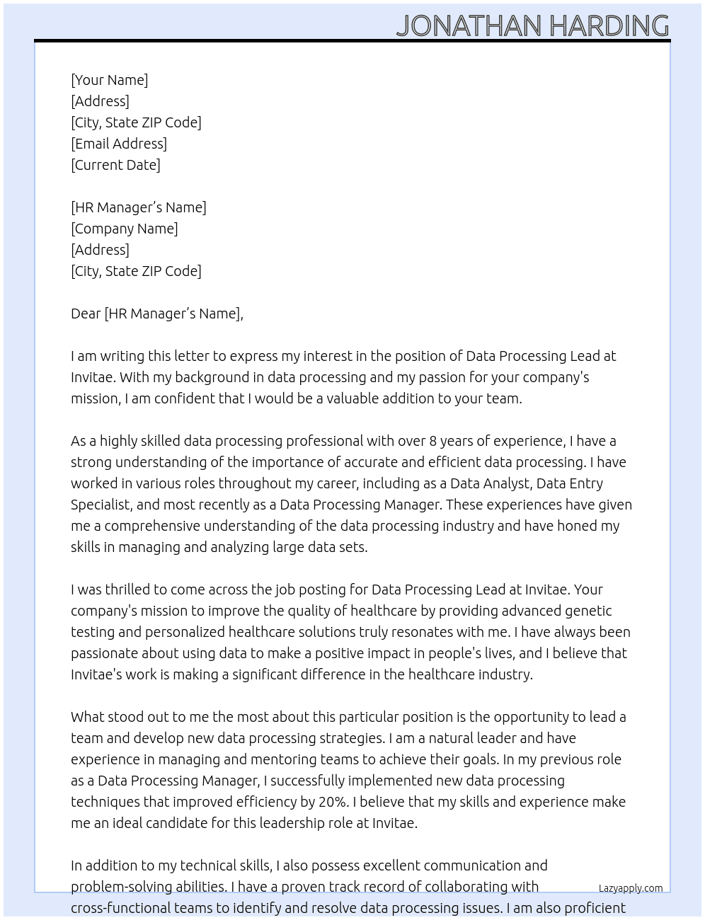Data Processing Lead At Invitae Cover Letter