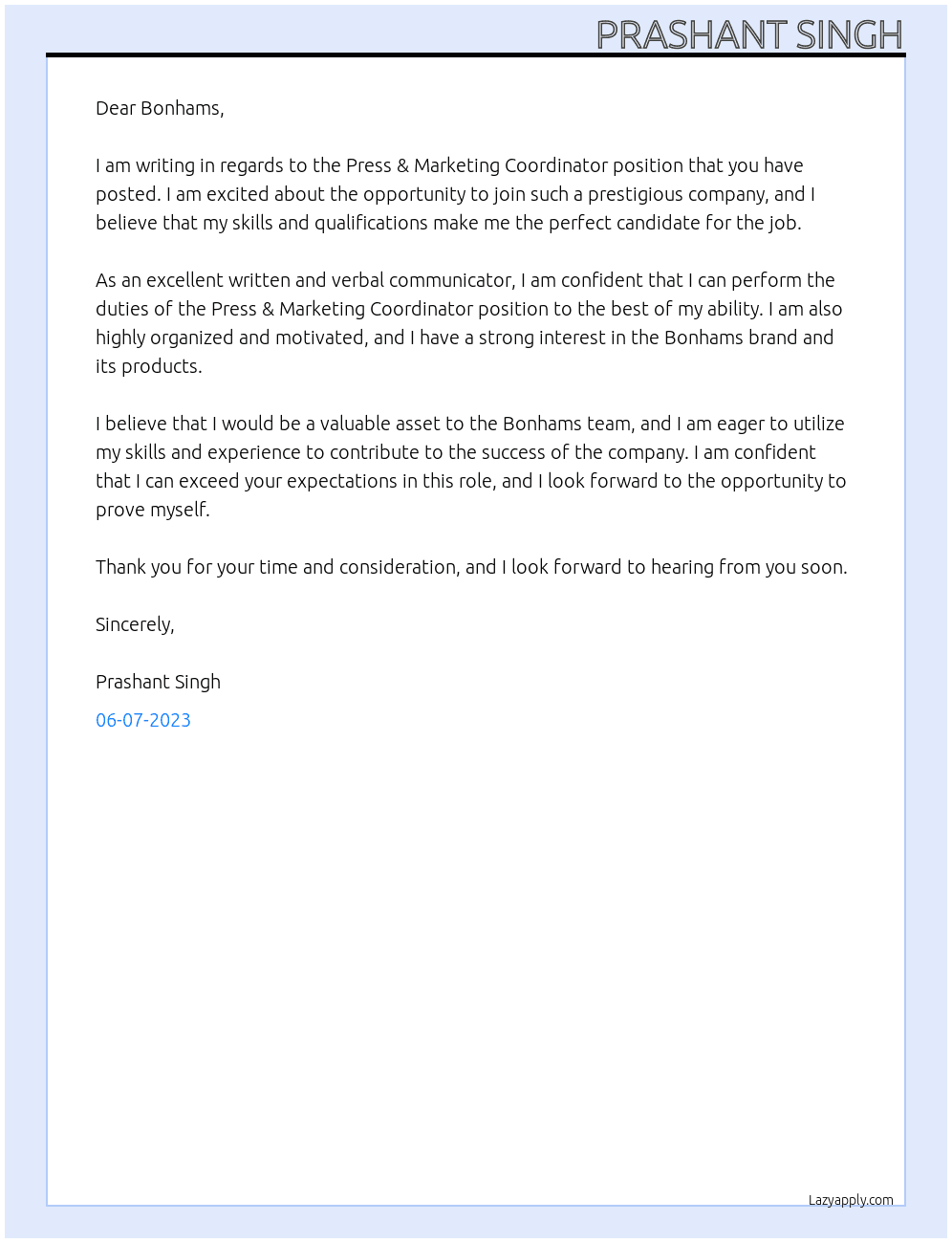 Press & Marketing Coordinator At Bonhams Cover Letter