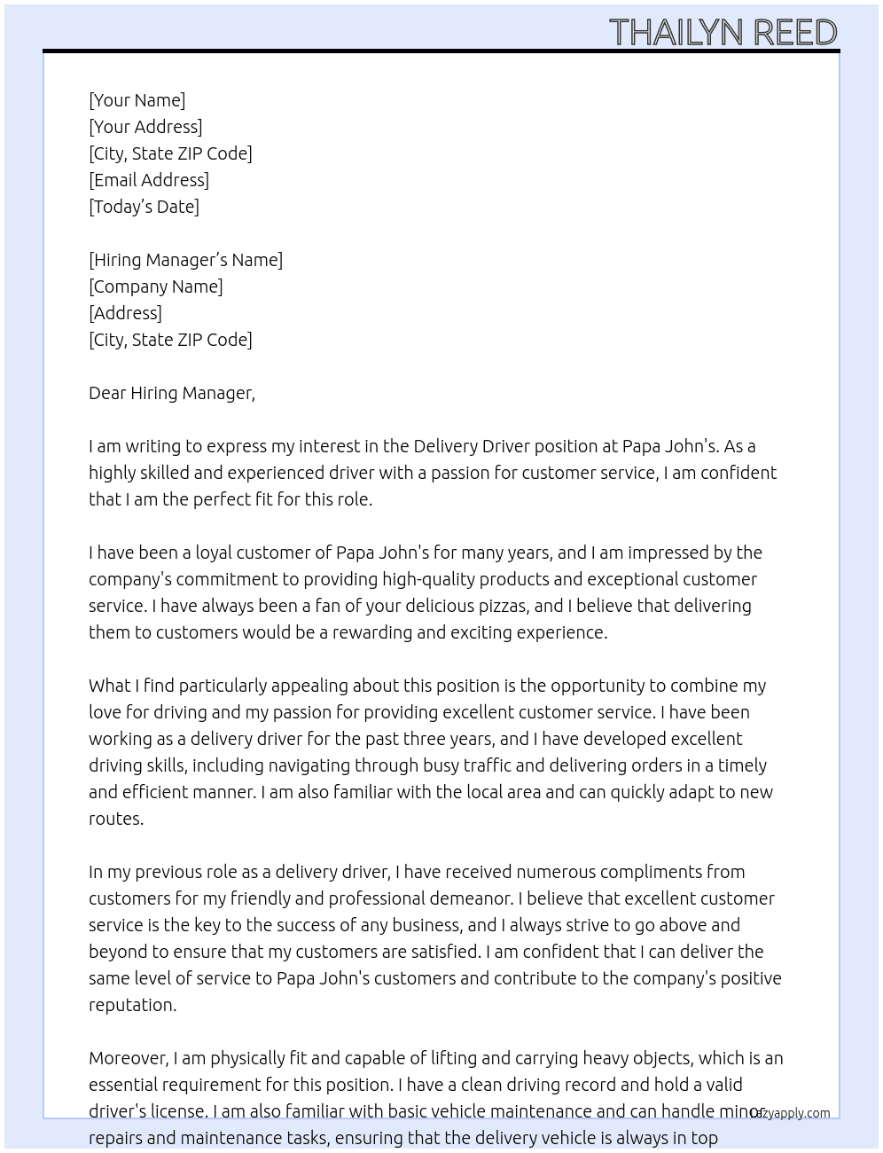 Delivery Driver At Papa John's  Cover Letter