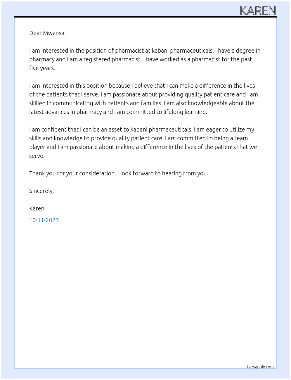 Pharmacist At Mwansa Cover Letter