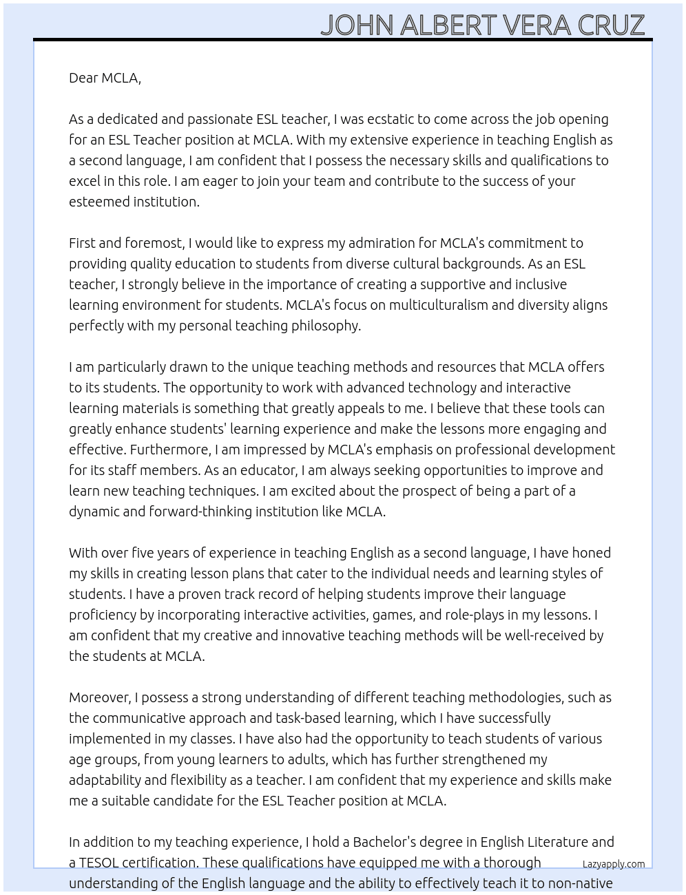 ESL Teacher  At MCLA Cover Letter