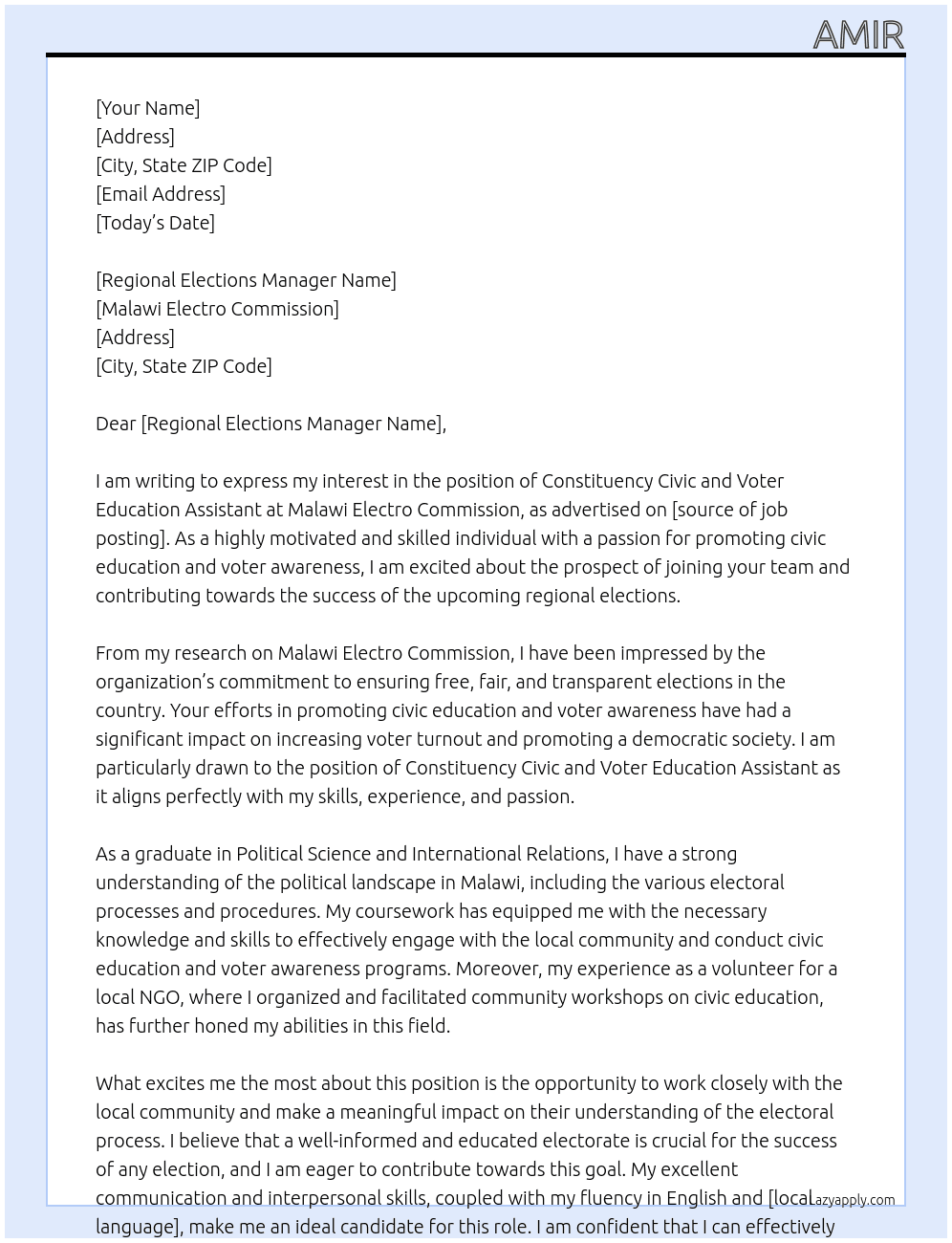 Constituency civic and voter education assistant At Malawi electro Commission  Cover Letter