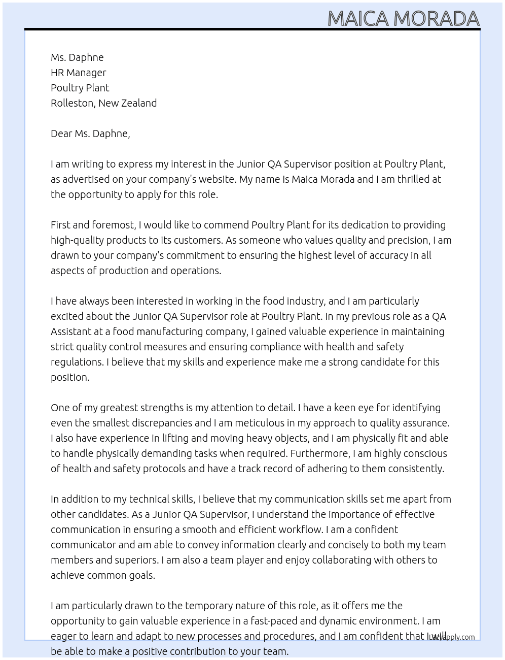 Junior QA Supervisor At Poultry Plant Cover Letter