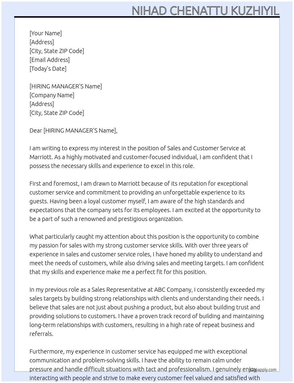 SALES AND CUSTOMER SERVICE At MARRIOT Cover Letter
