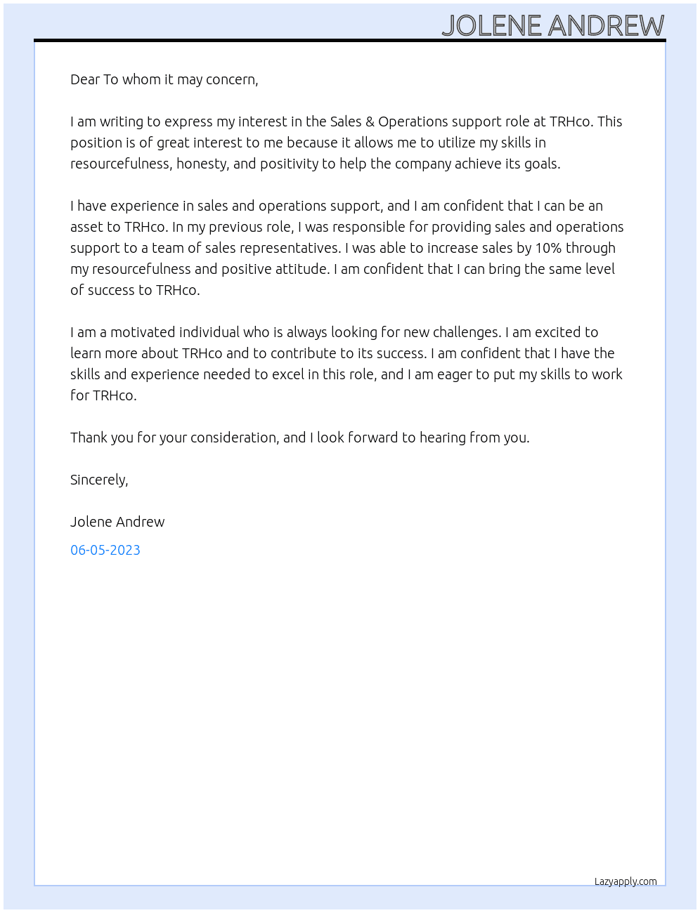 Sales & Operations support At TRHco. Cover Letter