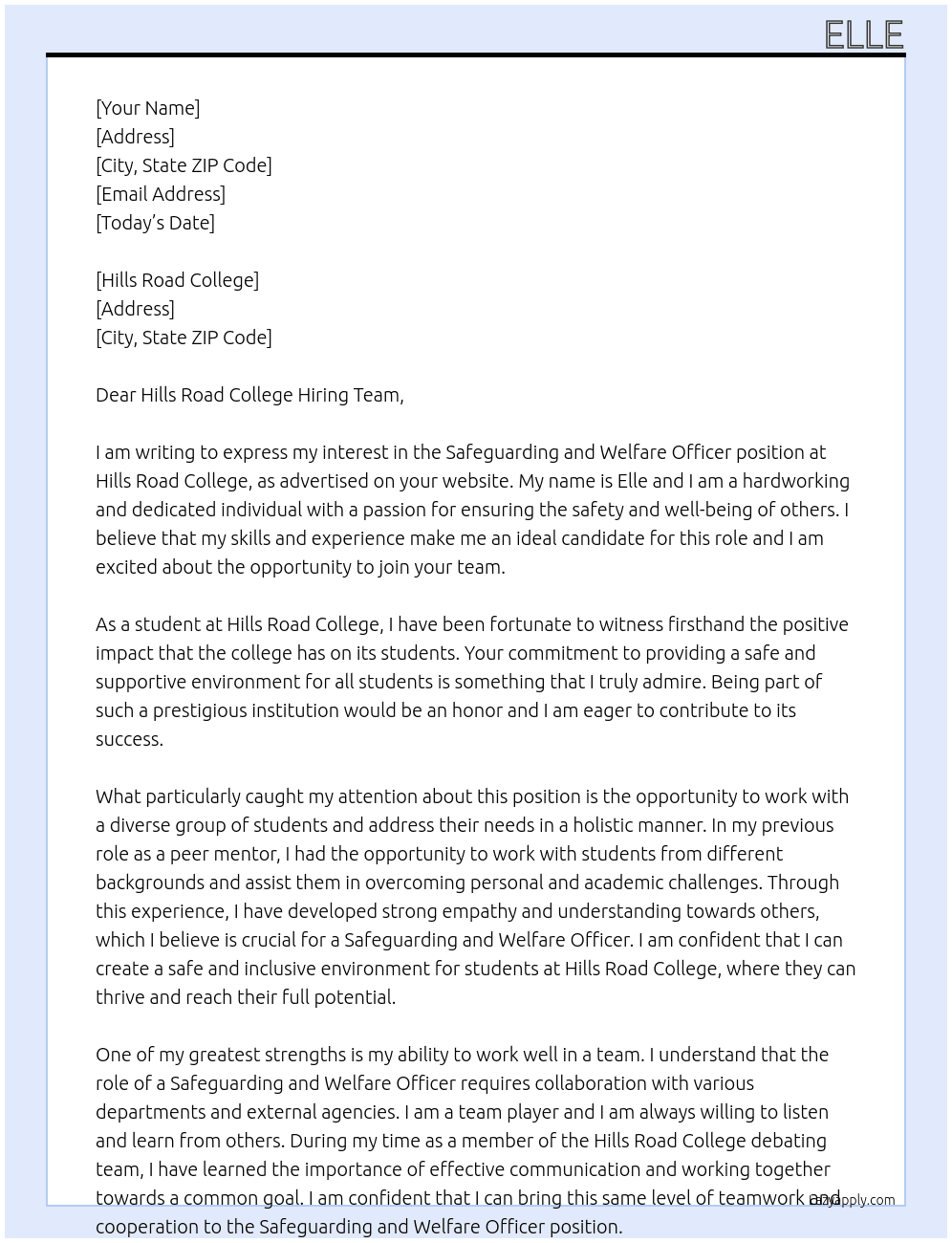 safegaurding and welfare officer At Hills Road college Cover Letter