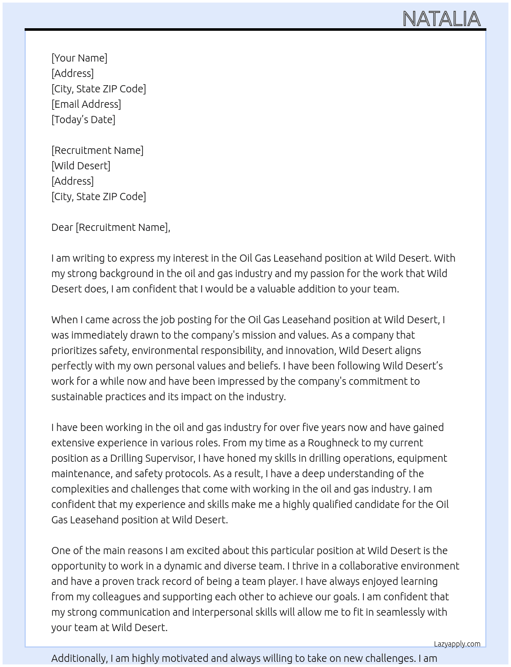 Oil gas leasehand At Wild desert Cover Letter