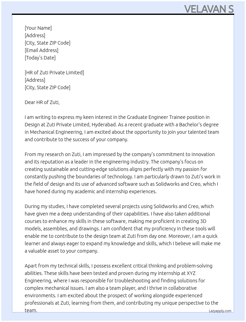 Graduate Engineer Trainee in Design  At Zuti Private limited, Hyderabad  Cover Letter