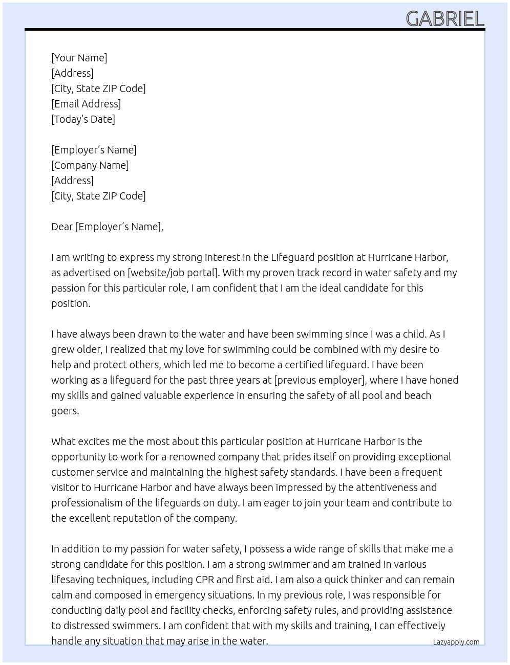 Lifeguard At Hurricane harbor Cover Letter