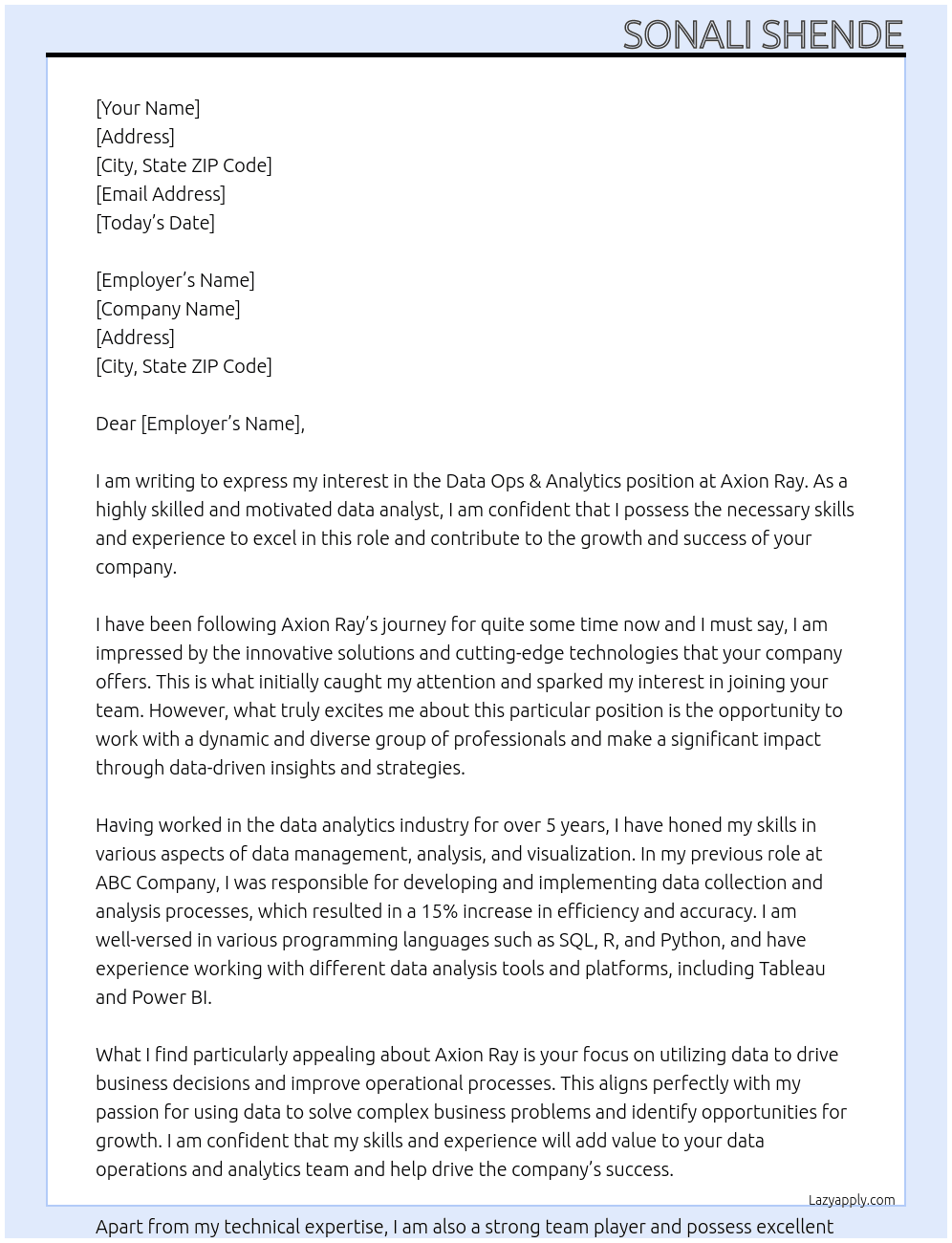 data ops & analytics At Axion ray Cover Letter