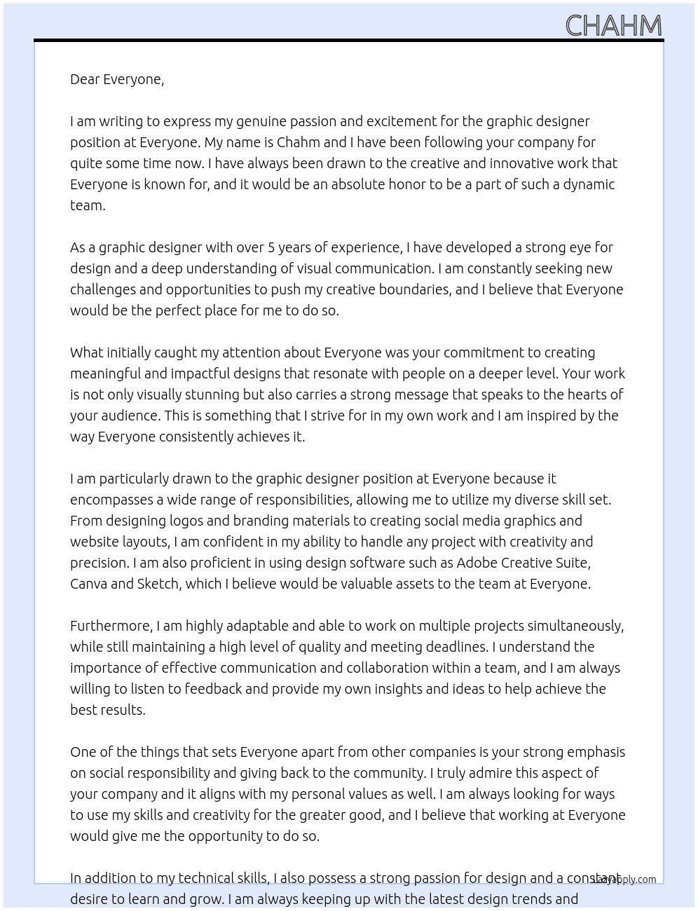 graphic designer At everyone Cover Letter