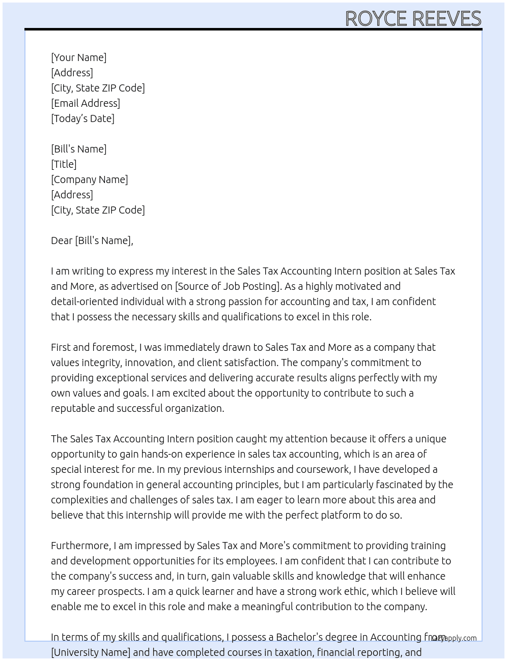 Sales Tax Accounting Intern  At Sales Tax and More  Cover Letter