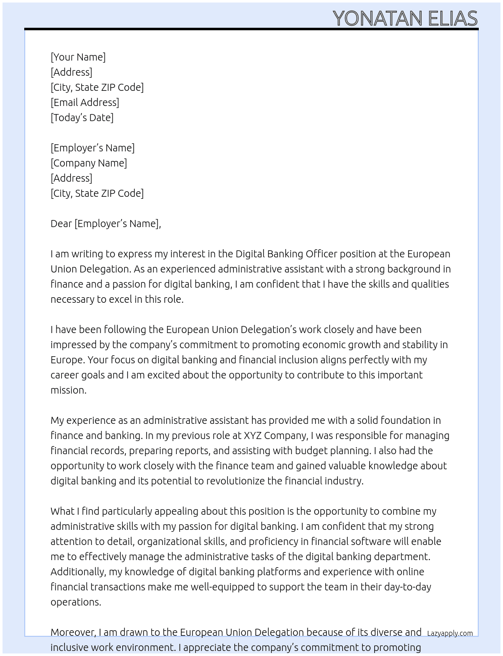  Digital Banking Officer At European Union Delegation Cover Letter