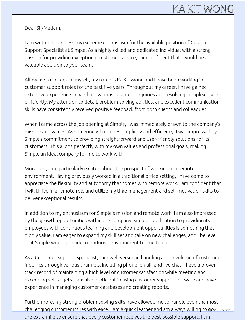 customer support specialist At Simple Cover Letter