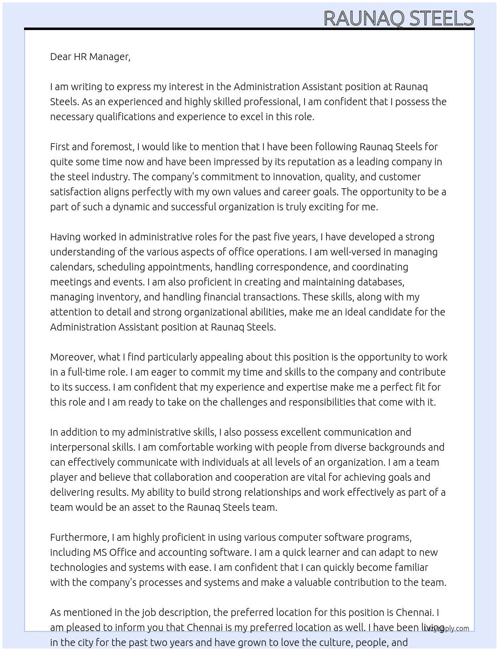 Administration assistant At Raunaq steels Cover Letter