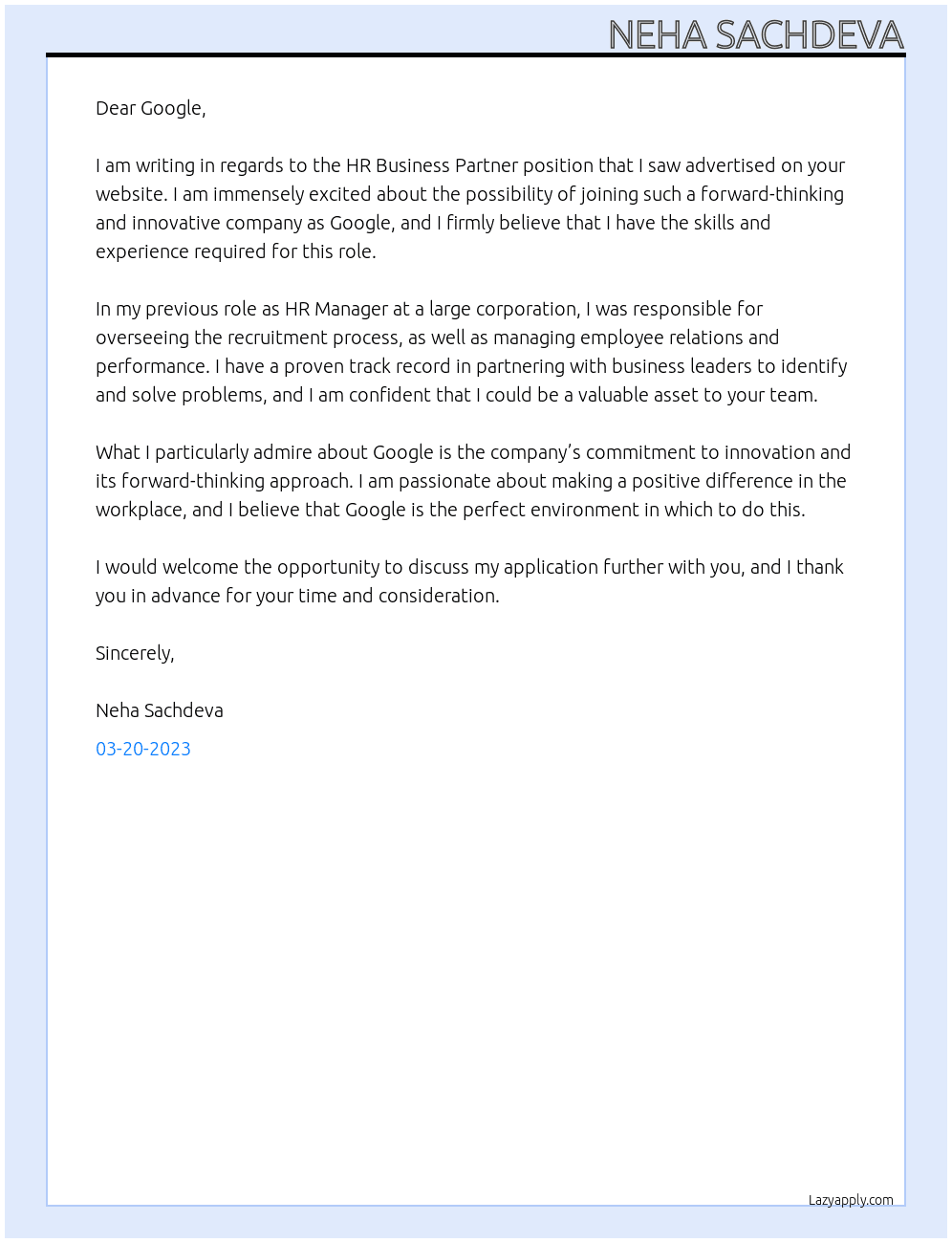 HR Business partner At Google Cover Letter